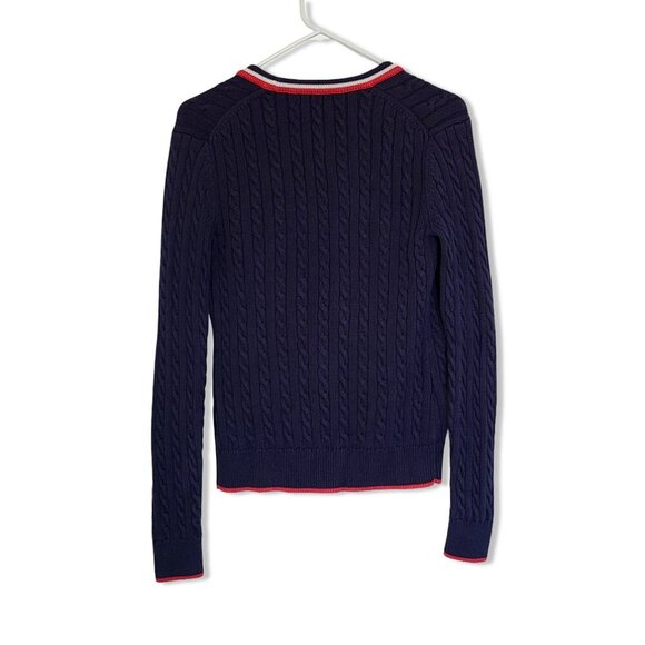 BROOKS BROTHERS Cotton Cable Knit Navy Cardigan with Red and White Trim - Picture 2 of 10
